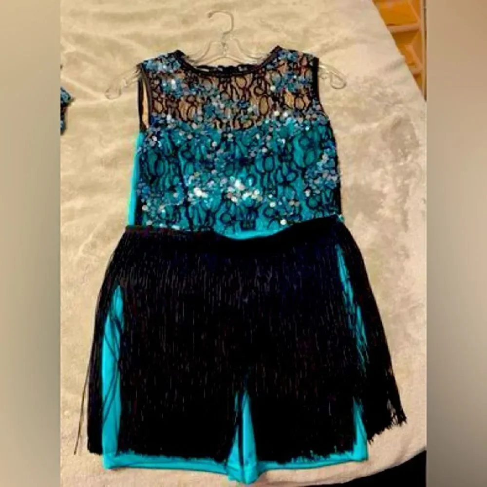 Adult Small 3pc Dance Costume Turquoise & Black With Sequins Fringe Leotard Tap